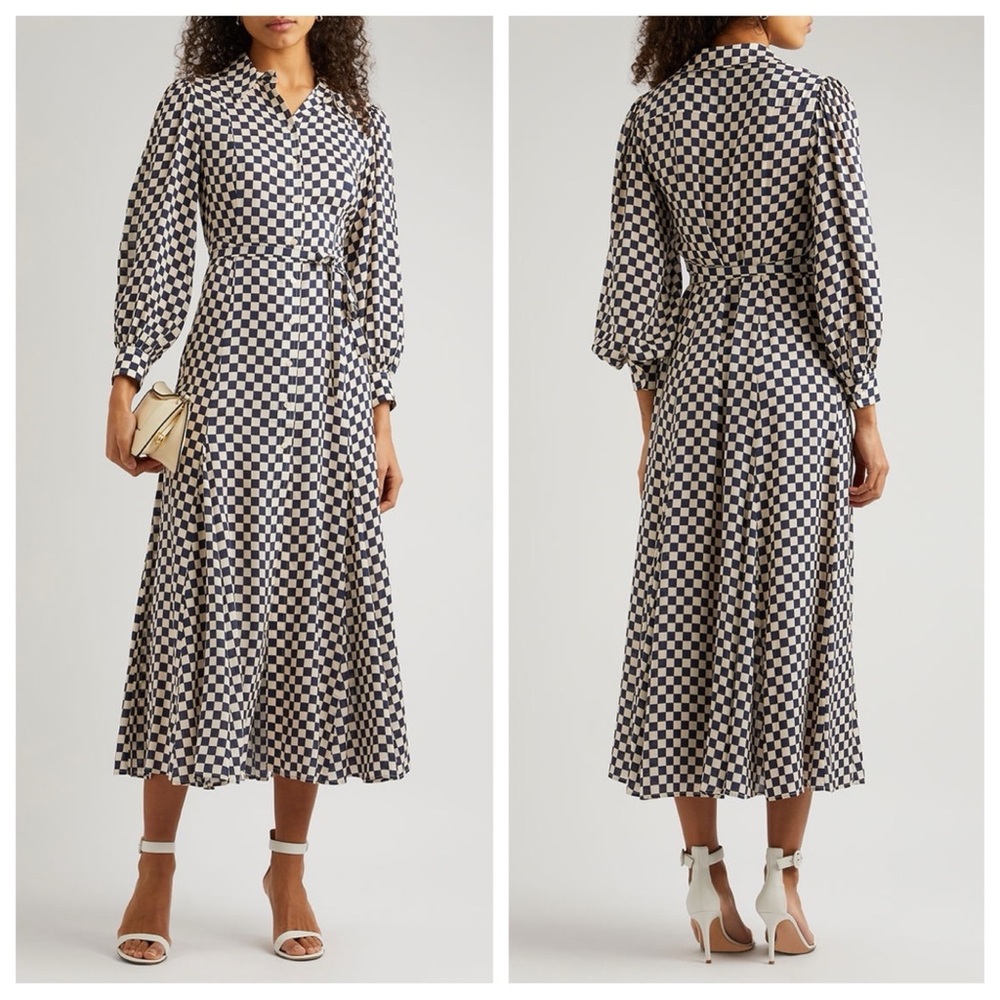 NEW RIXO Maddison Shirtdress (Sz XS) Long Sleeve Midi Navy Cream Checkerboard - Picture 3 of 16